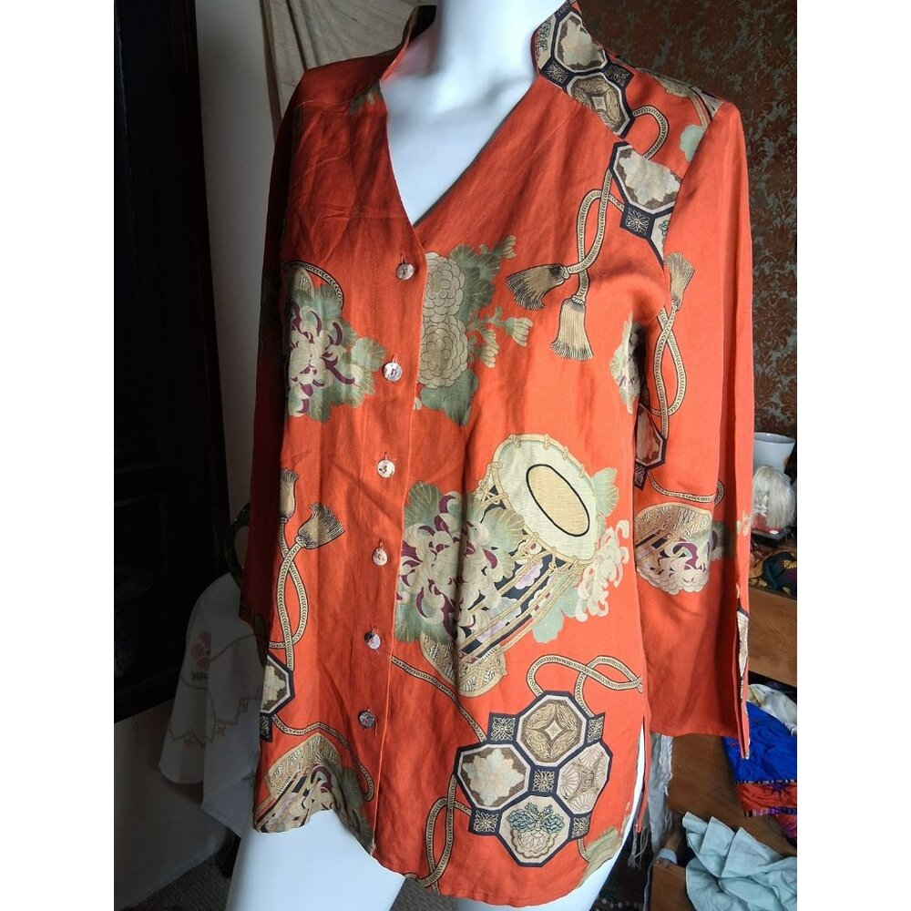 Citron Santa Monica Silk Linen Blouse Shirt Asian Print Size S